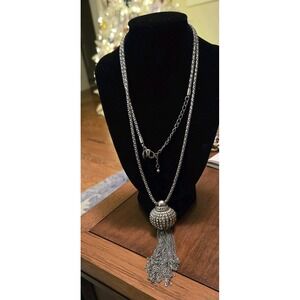 Lia Sophia "Morocco" Silver Tone w/Cut Crystals Tassel Necklace 32-35"